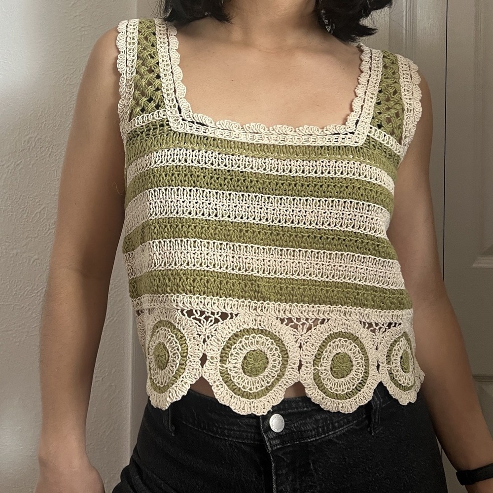 Boho Crochet Crop Top Green Cream Striped Scallop Hem Festival Hippie Medium